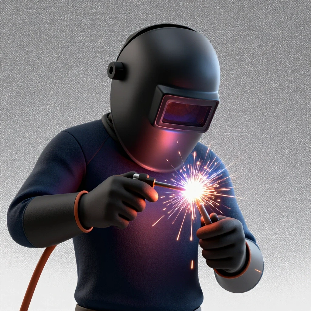Close-up of a welder's hand holding an electrode with sparks flying, showcasing the welding arc.