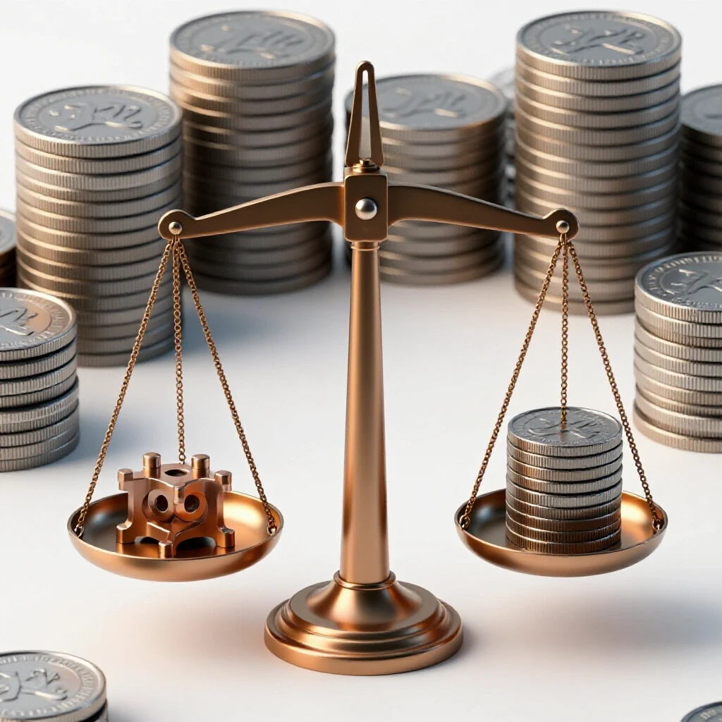 A balanced scale with a shiny metal project on one side and coins on the other, symbolizing craftsmanship vs. pricing.