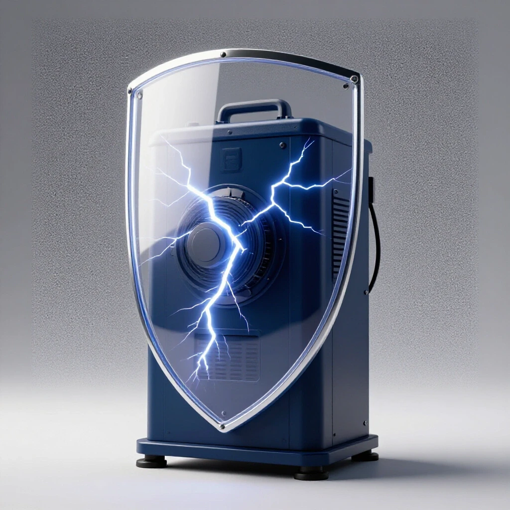 A robust machine protected by a transparent shield with lightning bolts, symbolizing safety from power surges.