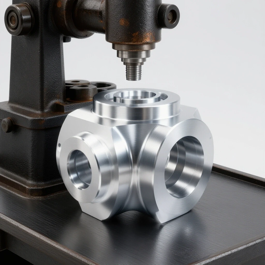 A polished aluminum prototype part prominently positioned in front of a vintage manual mill, showcasing modern precision in metalworking.