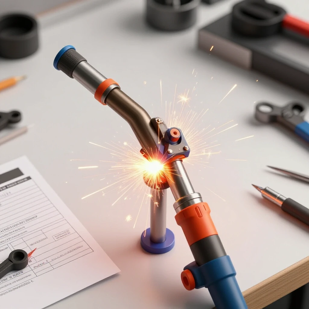A welding torch ignites sparks with a background of a neat workbench showcasing tools and invoices, symbolizing crafting to business.