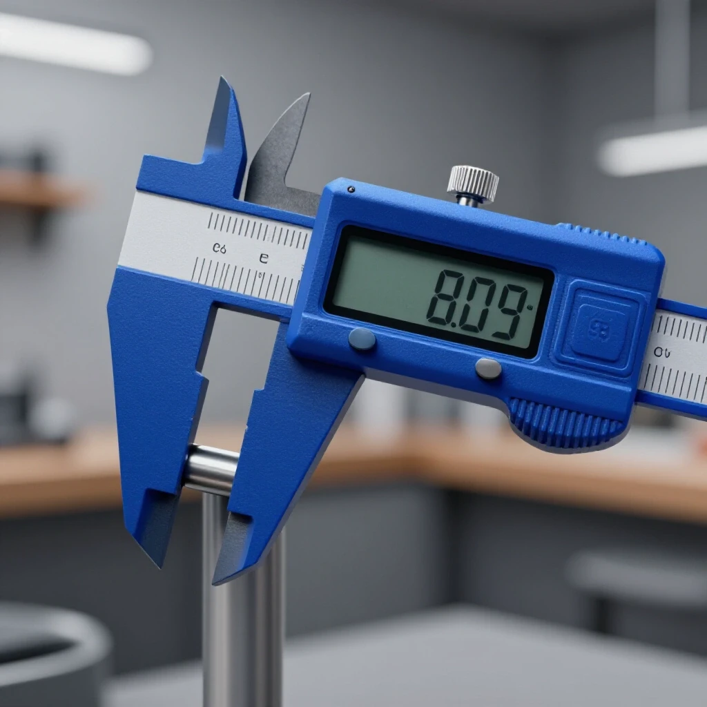 Close-up of vibrant blue digital calipers measuring an object, with a blurred workshop backdrop.