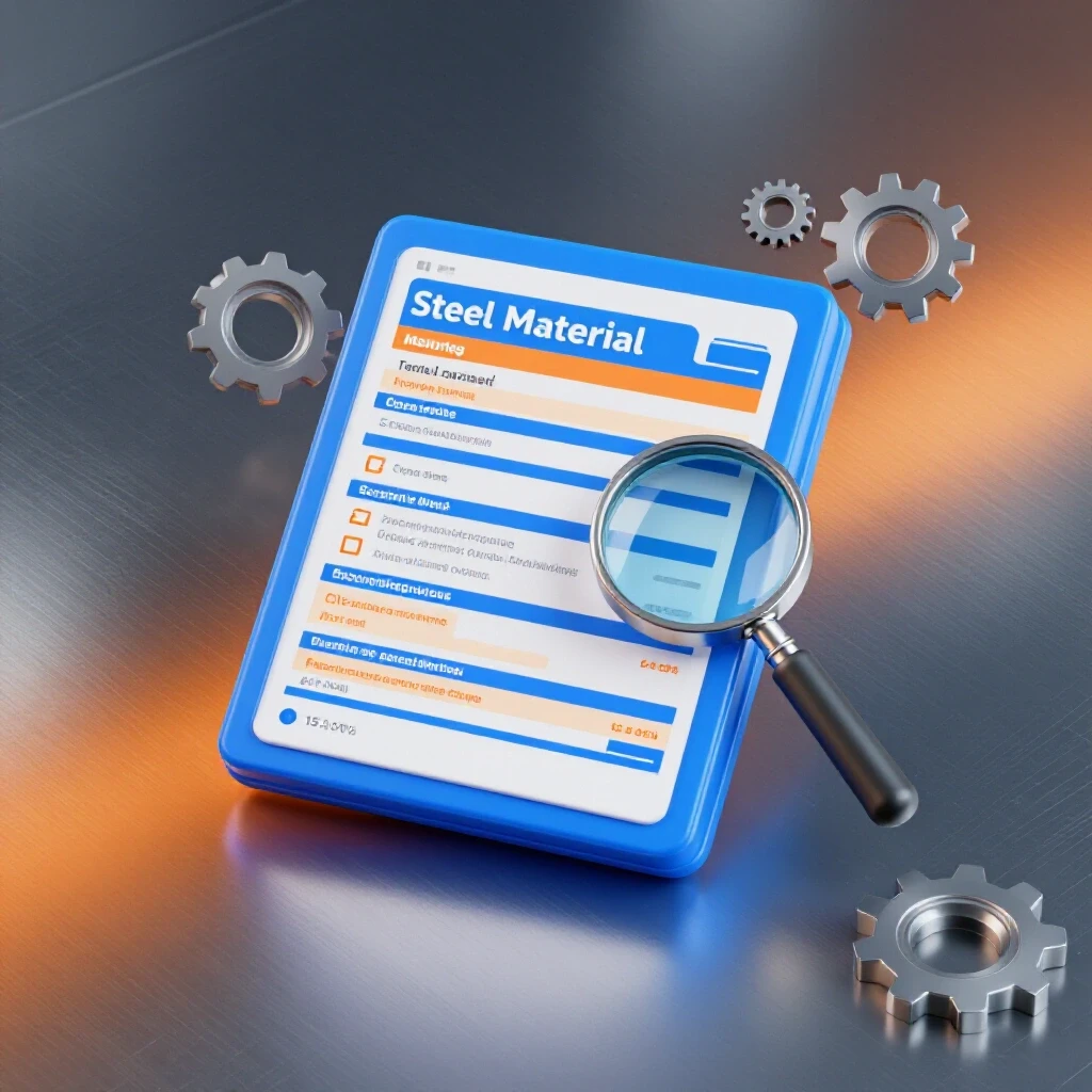 A close-up of a vibrant steel material data sheet with a magnifying glass and gear icons, set against a metallic textured background.