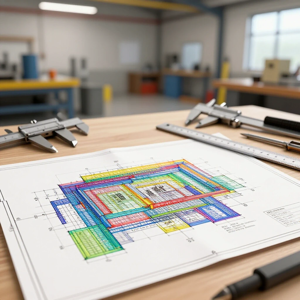 Colorful metal fabrication blueprint on a clean workshop table with tools like calipers and rulers around it.