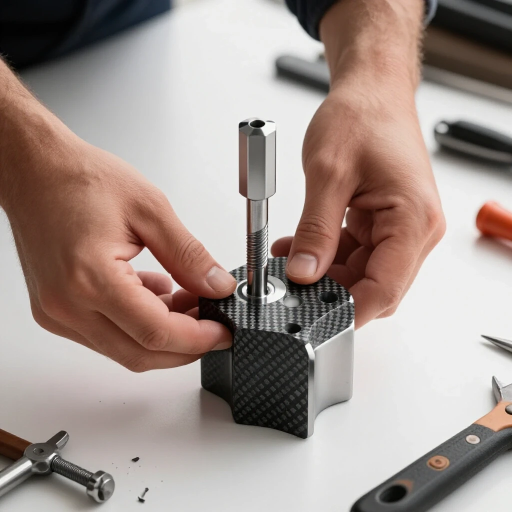Craftsman's hands reaming a custom pin hole in shiny carbon steel, surrounded by tools and metal shavings.