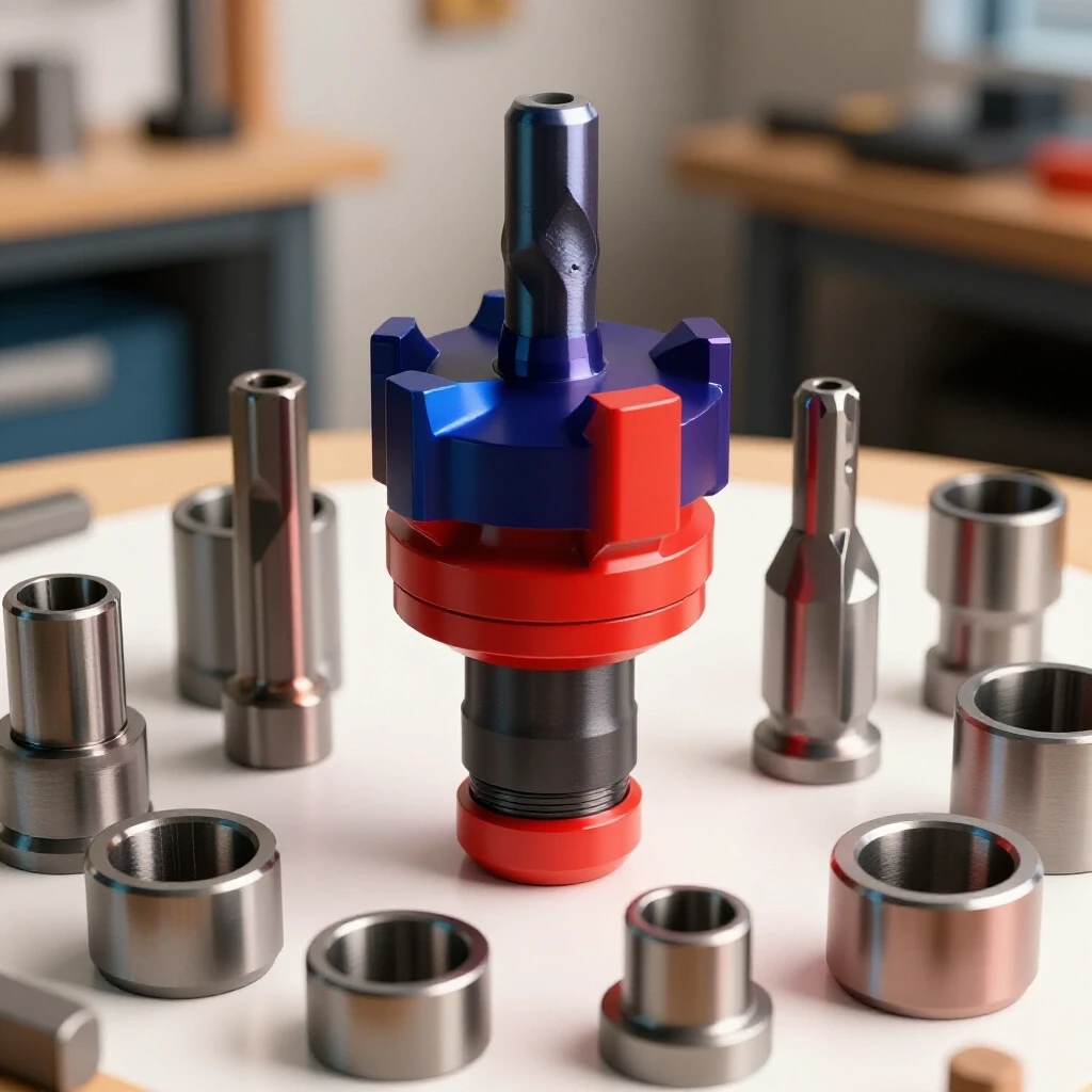Close-up of a precision reamer tool surrounded by reamed metal parts with a blurred workshop background.