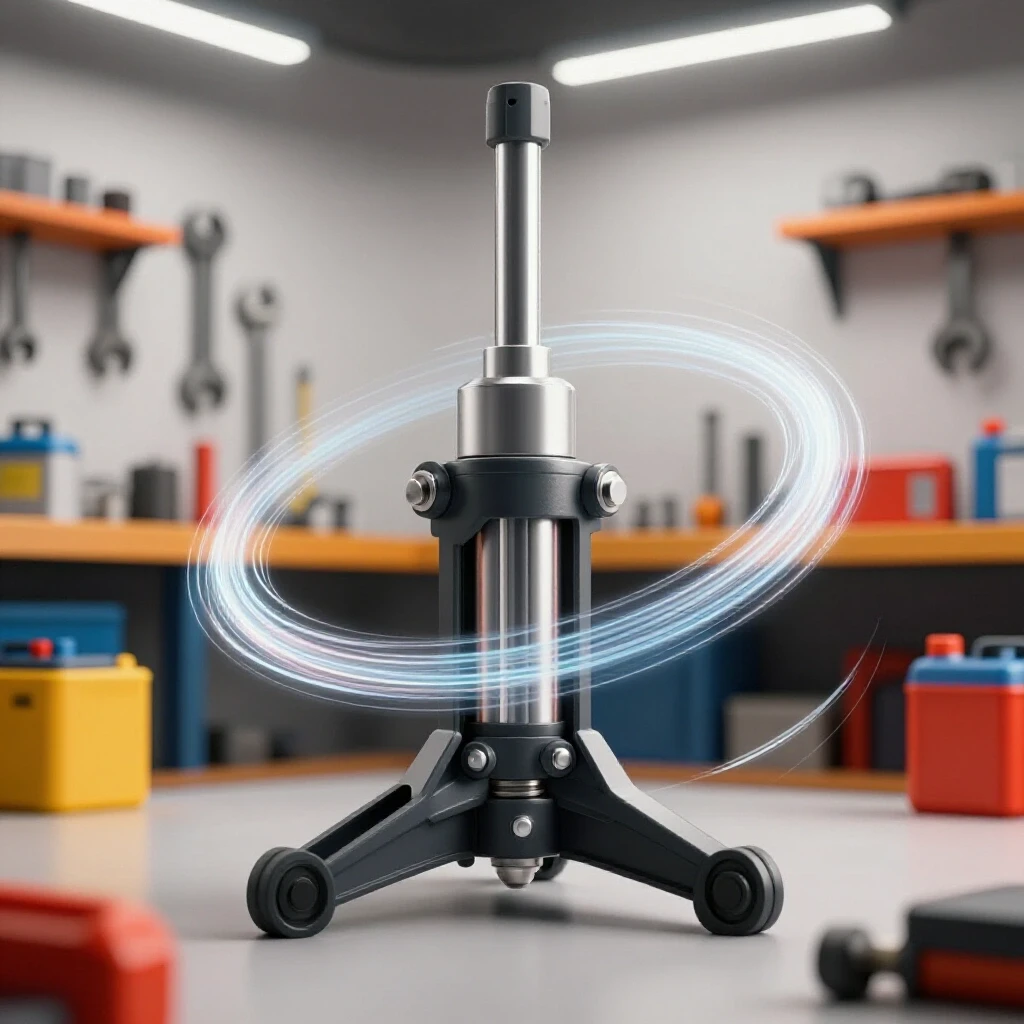 Close-up of a hydraulic bottle jack with workshop tools in the background, showcasing its detailed mechanics and hydraulic fluid flow.