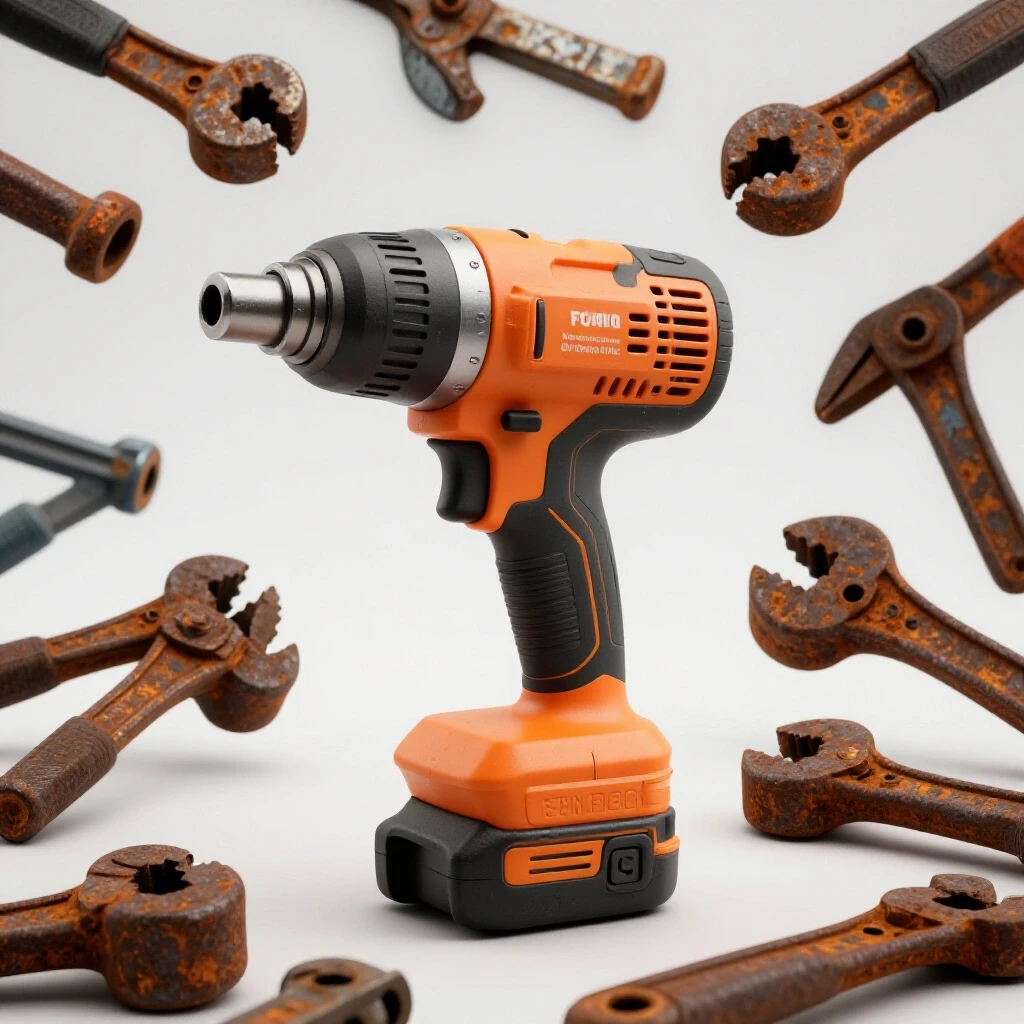 A newly recycled electric power tool in vibrant colors against a background of rusted discarded tools, symbolizing renewal.