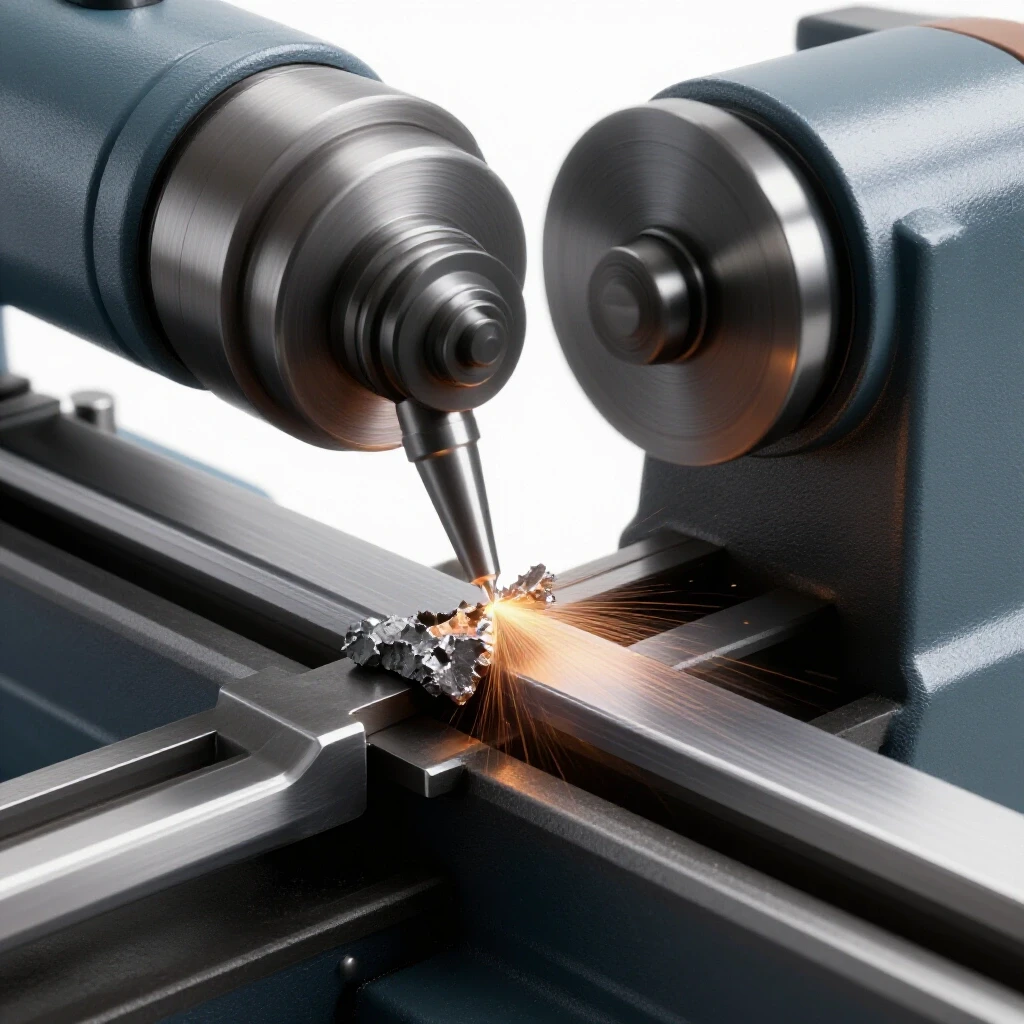 Close-up of a metal lathe cutting metal, showing motion blur and contrasting surfaces from tool chatter.