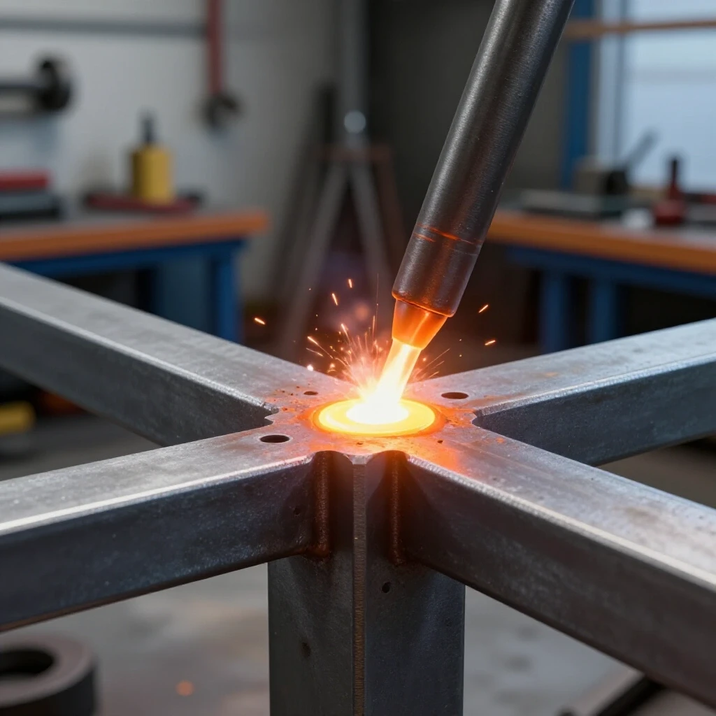 Close-up of a glowing molten weld bead on steel, set in a blurred workshop background filled with tools.