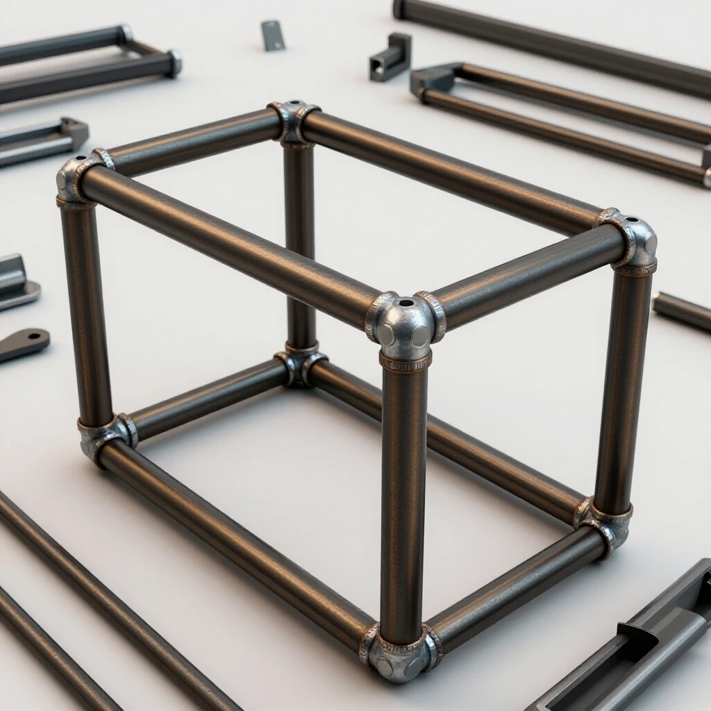 A strong metal tubing frame amidst various reinforcement materials, illustrating structural integrity in a DIY context.
