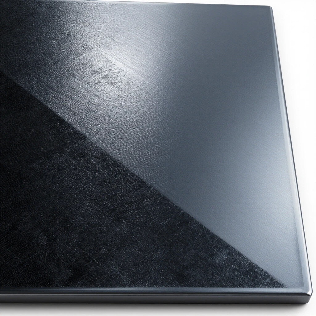 Close-up view of steel surface with one side dark mill scale and the other side polished, showcasing welding preparation.