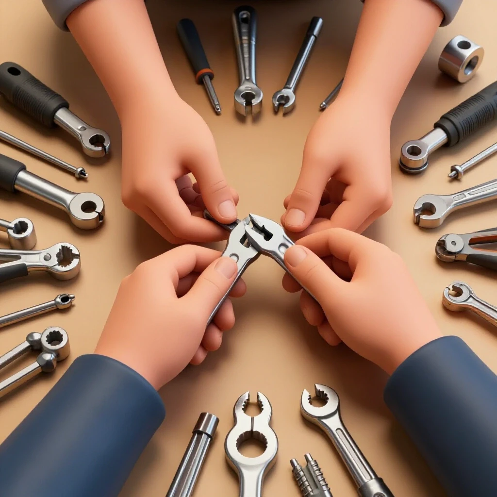 Hands repairing a metal tool surrounded by organized workshop tools and parts in a well-lit setting.