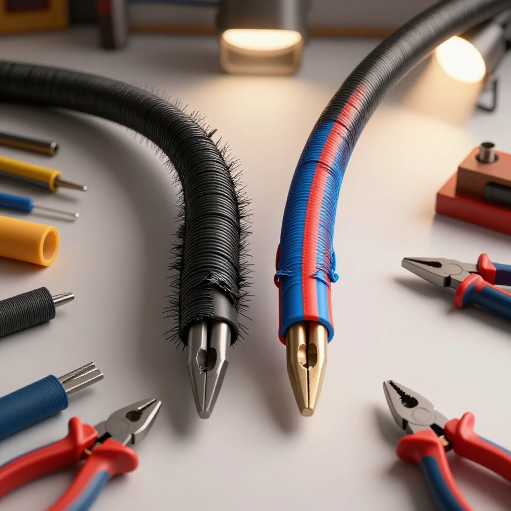 A comparison of a frayed welding cable lead next to a newly repaired one in a well-lit workshop setting with tools.