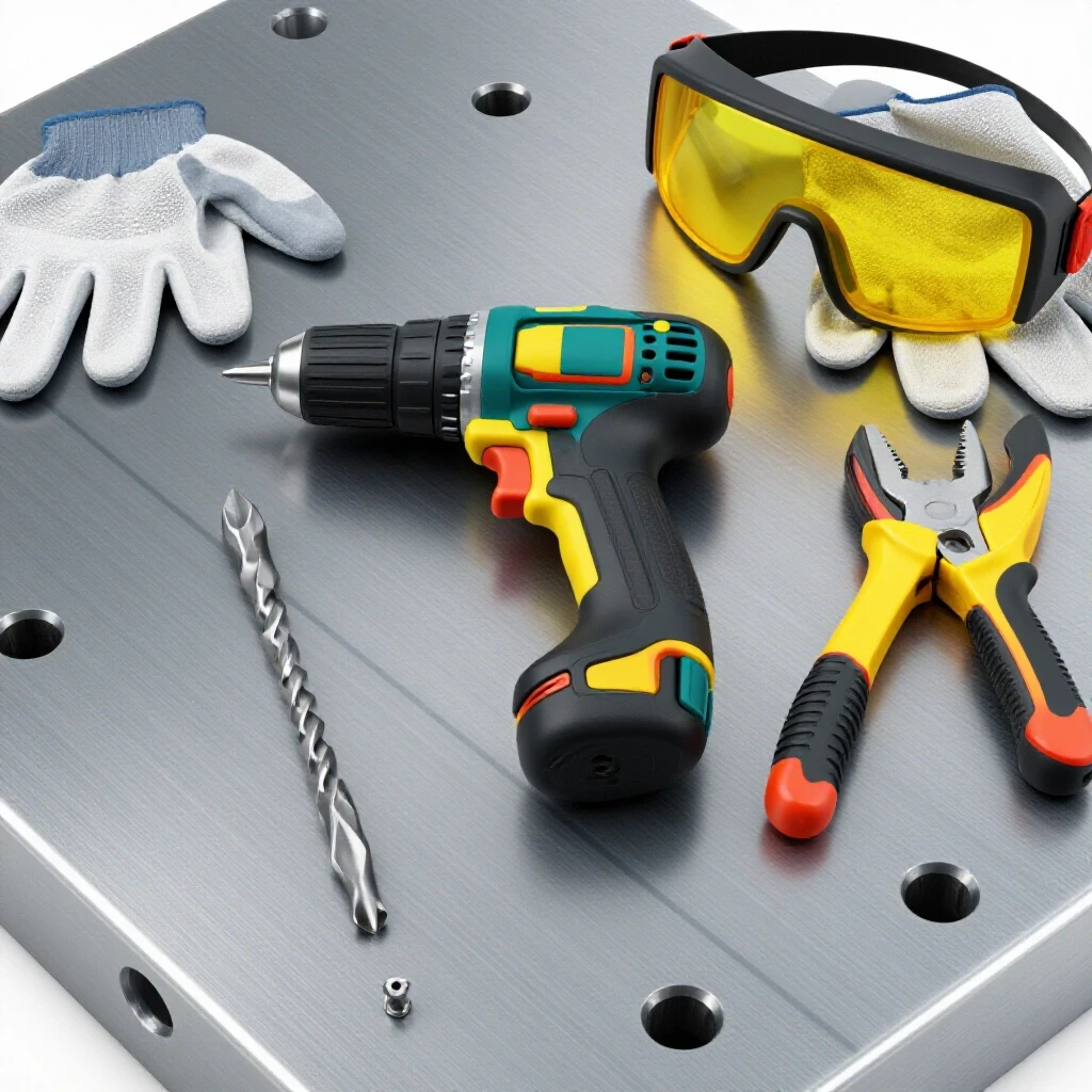 Close-up of a steel surface with misdrilled holes next to a colorful toolkit including a drill and safety gear.