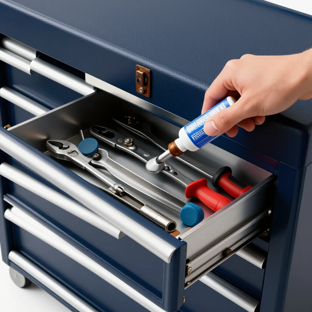 Close-up of a tool chest with shiny tools inside, highlighting a hand applying lubricant to a sticking slide mechanism.