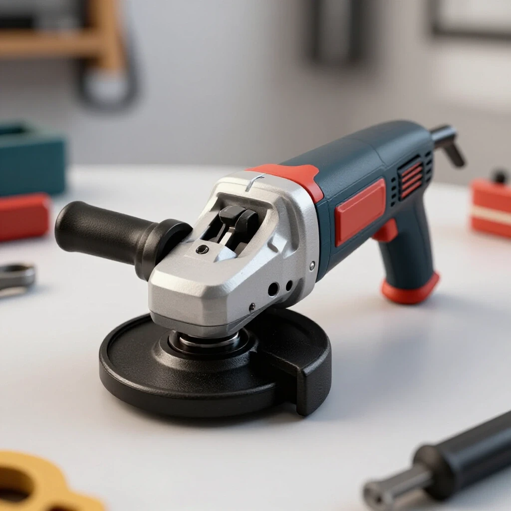 Close-up of an angle grinder's switch being replaced in a workshop setting, with DIY tools blurred in the background.