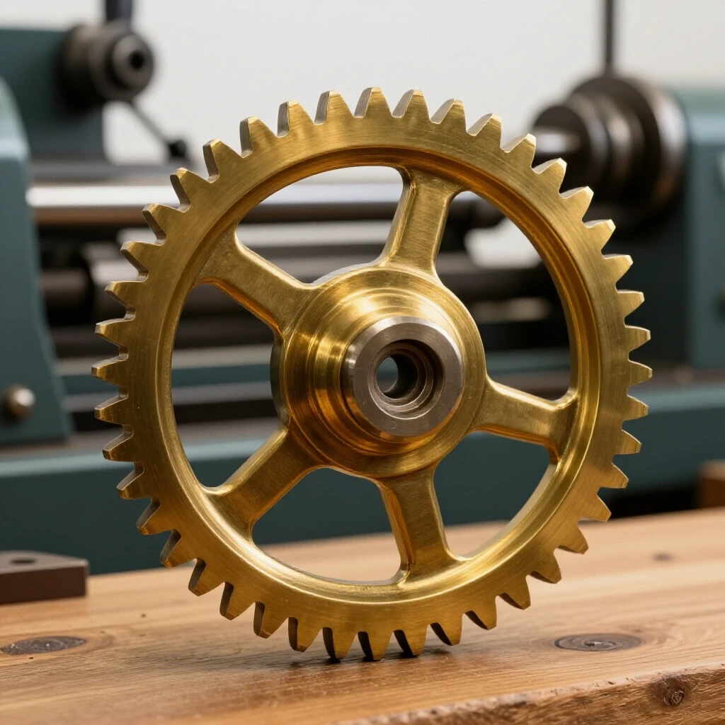 Close-up view of a shiny brass gear centered on a workshop bench, with a lathe blurred in the background.