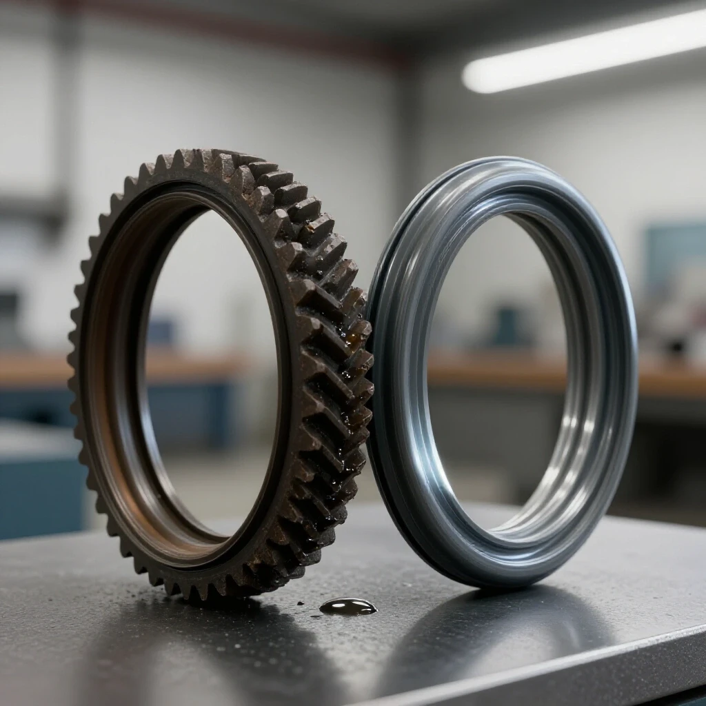 Close-up of lathe head with old leaking gear oil seal and new replacement seal, highlighting the contrast.