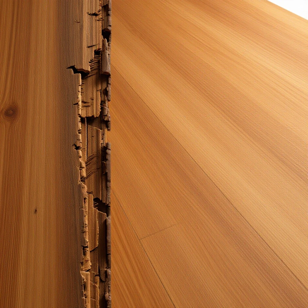 A split image showing rotting wood on one side and a new wooden trailer floor on the other, highlighting transformation.