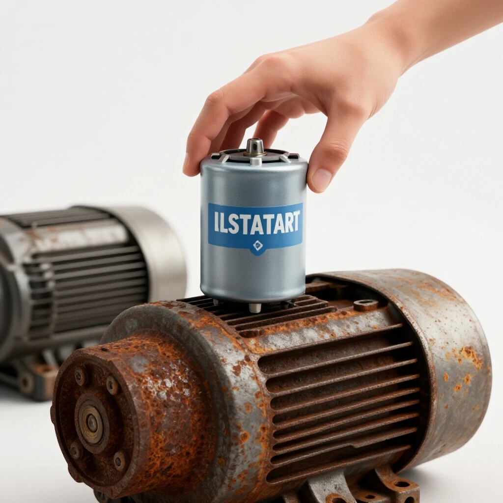 Close-up of a hand reaching for a new capacitor next to a rusty motor, emphasizing repair and replacement.