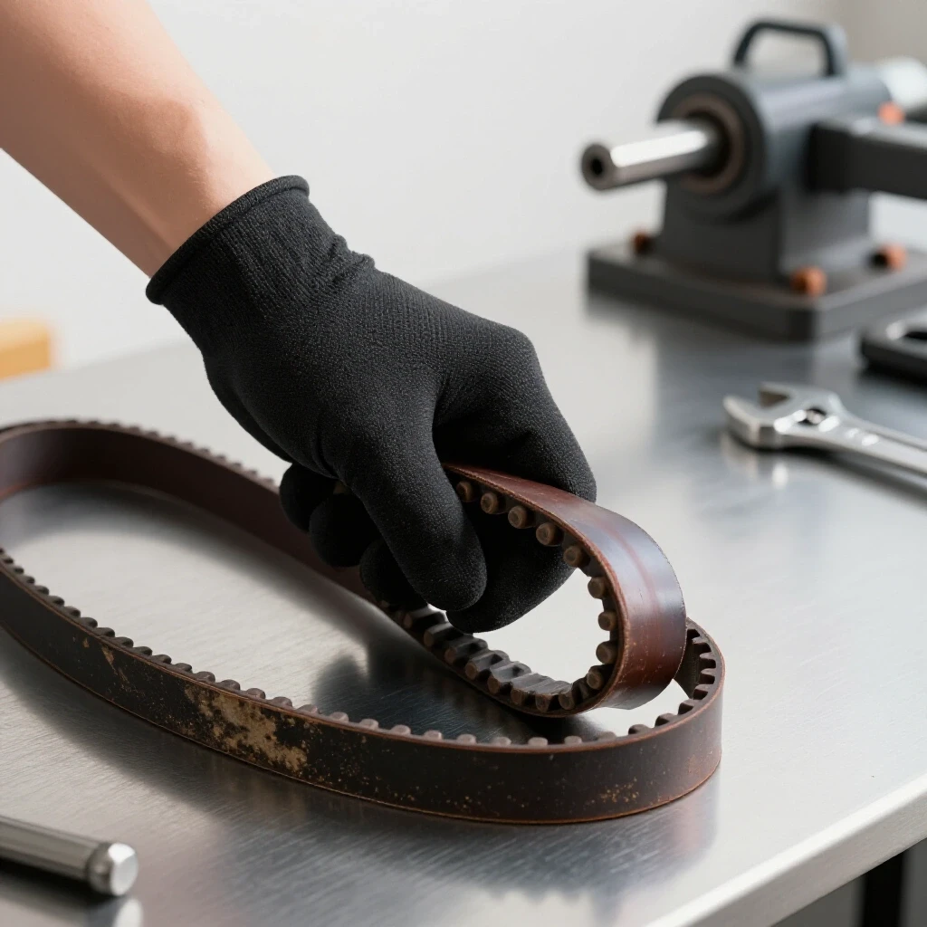 Close-up of a gloved hand holding a new V-belt next to a worn-out V-belt on a metal workbench, with tools blurred in the background.