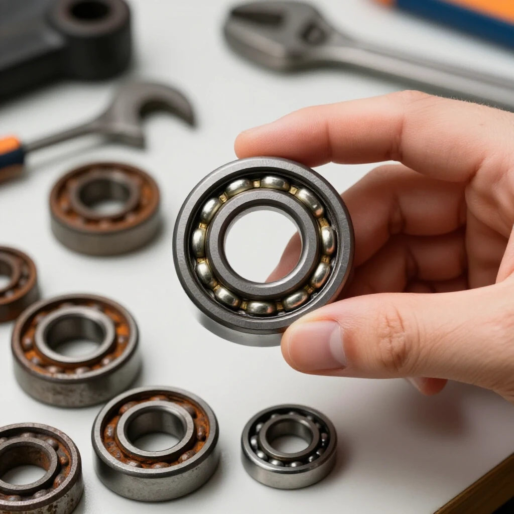 Close-up of a hand holding a shiny new bearing against a backdrop of worn bearings and tools, highlighting DIY repair.