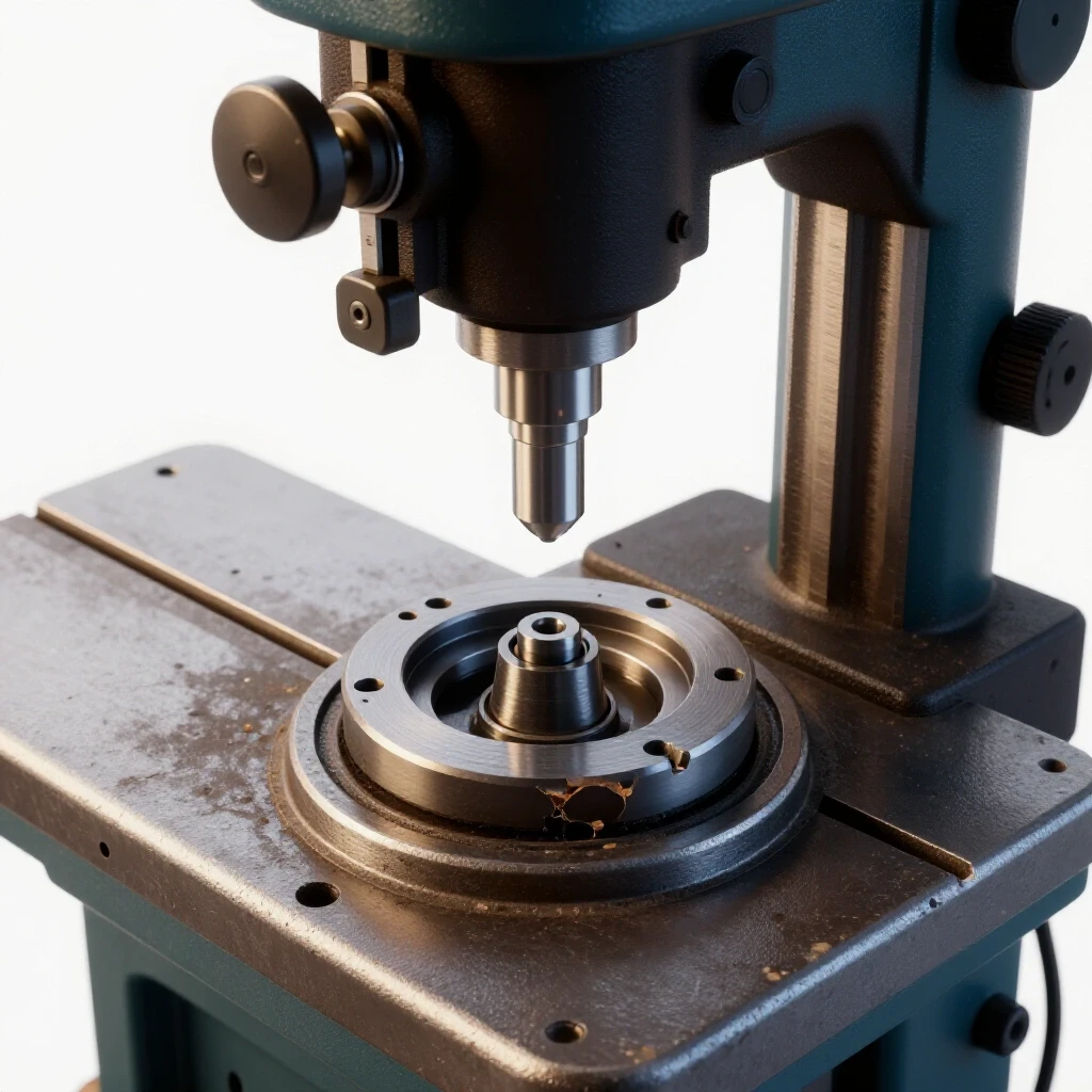 Close-up of a worn drill press table with a damaged insert and a new insert positioned above it, showcasing repair process.