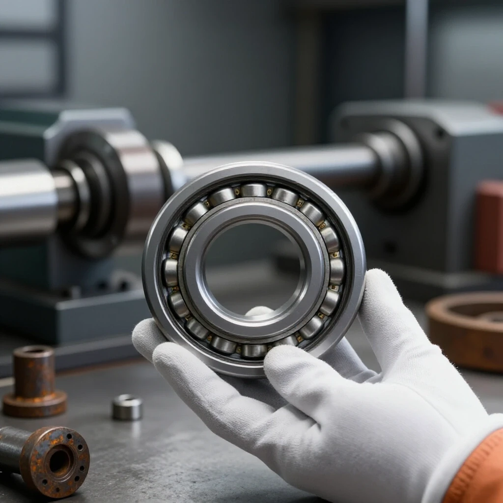 A gloved hand holding a shiny new bearing with a blurred metal lathe in the background and worn components scattered around.