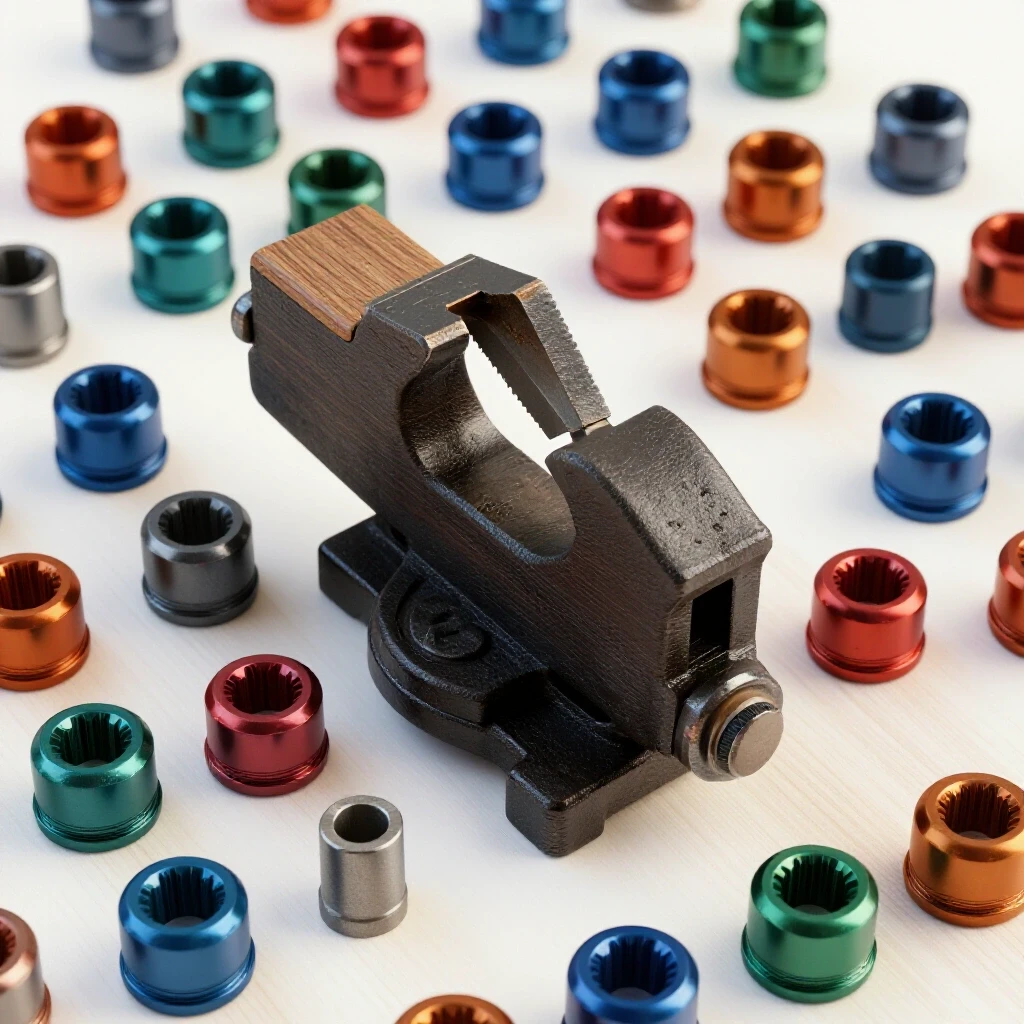 A vintage bench vise with worn jaws separated, surrounded by shiny new replacement jaws in contrasting colors.