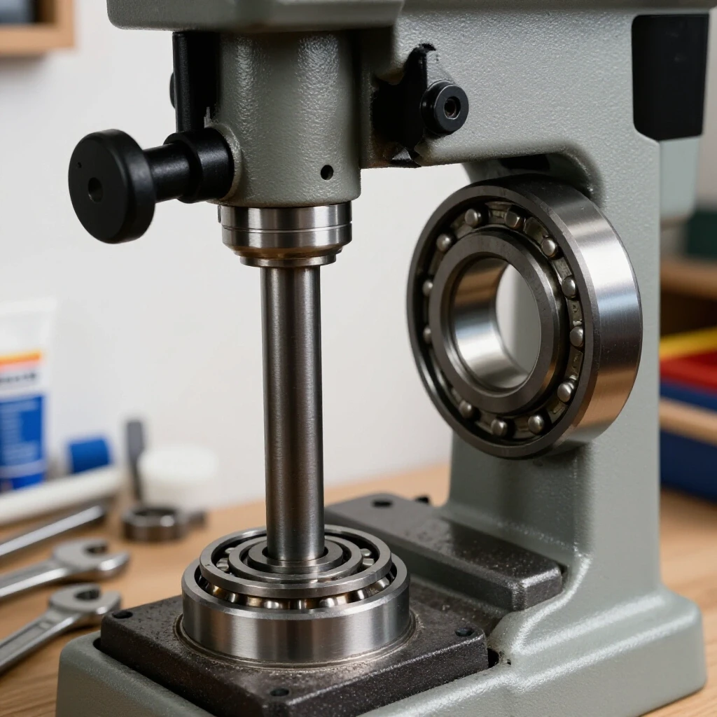 Close-up of a drill press showcasing worn and new spindle bearings with tools arranged around it for a DIY repair context.
