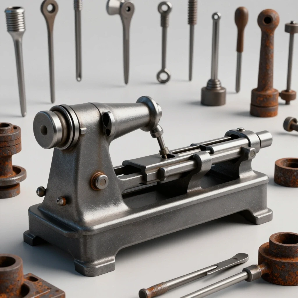 Vintage metal lathe with polished metal tools and rusted components in a bright, well-lit setting.
