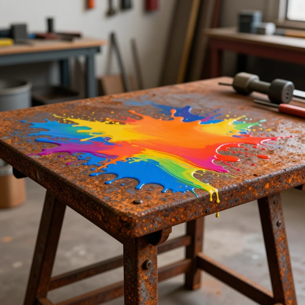 Close-up of a rusty industrial workbench with vibrant paint splash, set in a blurred workshop background.