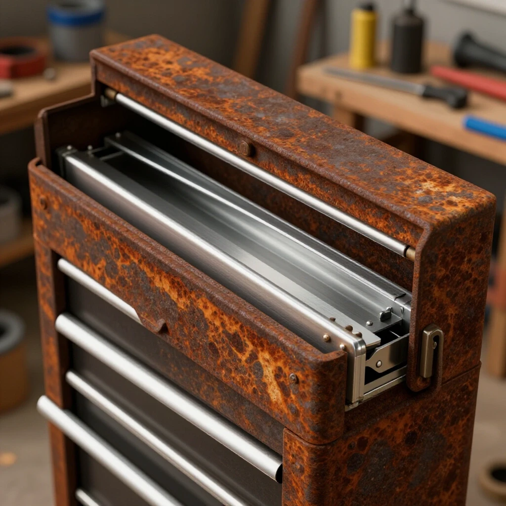 Close-up of a rusty tool chest slide being restored, showcasing shiny new metal and contrasting textures.