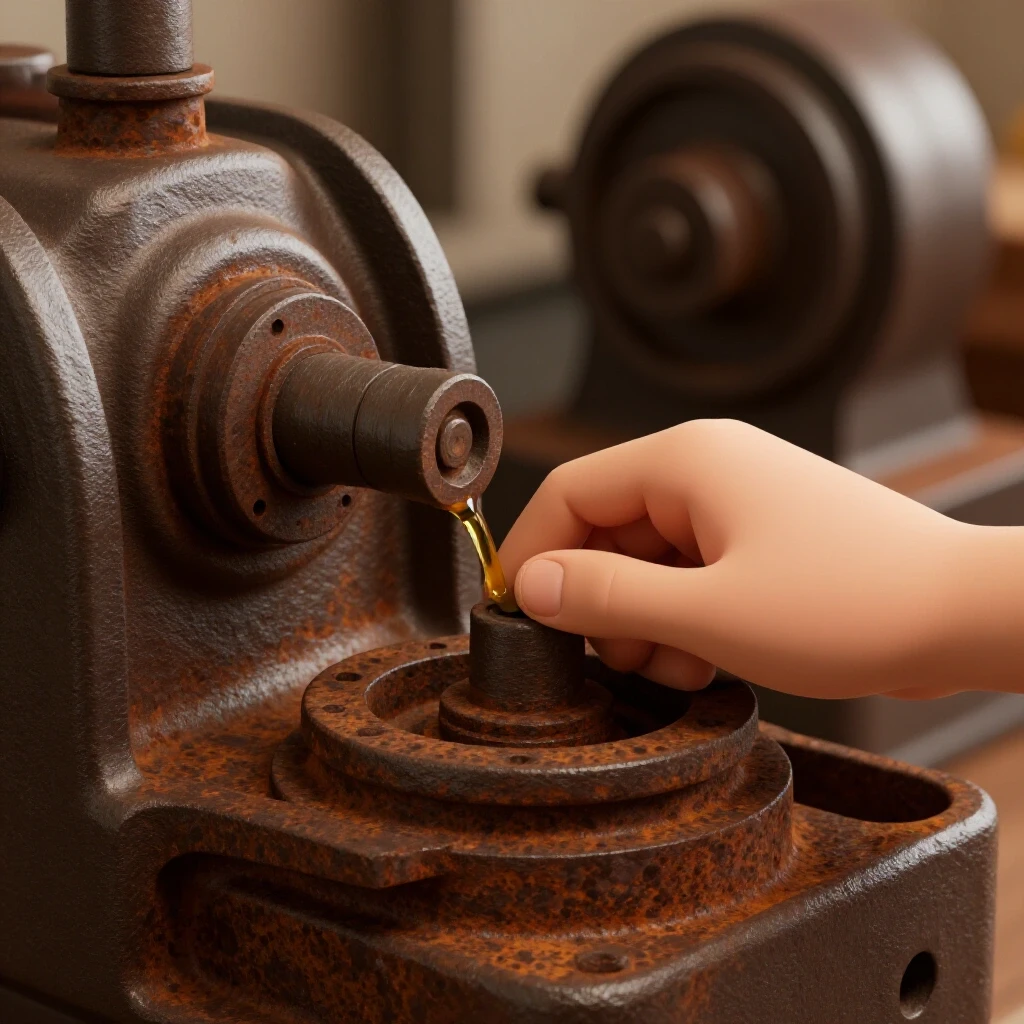 Close-up of a hand applying oil to a rusted cast iron machine part with shiny restored machinery in the background.