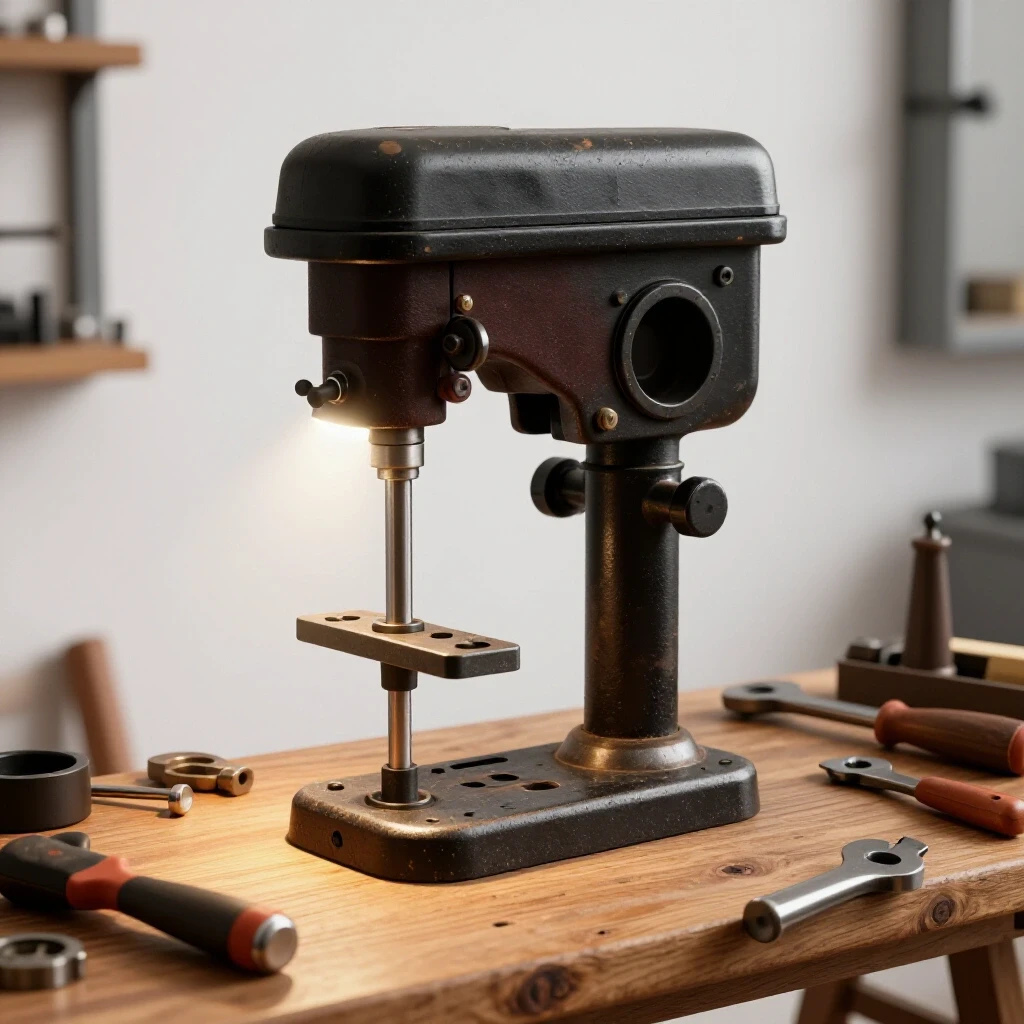 A well-worn drill press on a rustic workbench, highlighted by bright studio lighting and surrounded by various tools and parts.