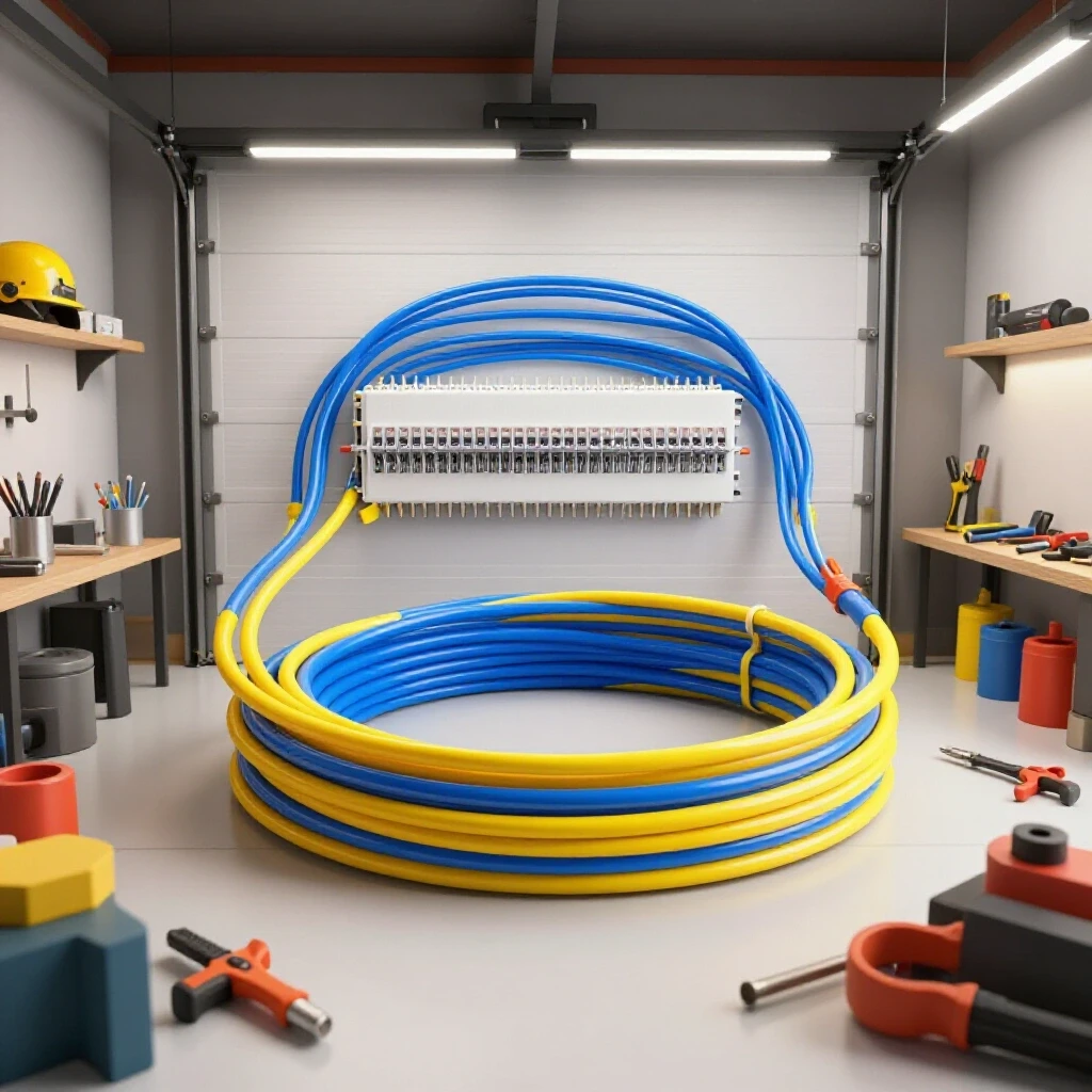 A vibrant garage workspace showcasing 240V electrical lines in electric blue and yellow, surrounded by fabrication tools.