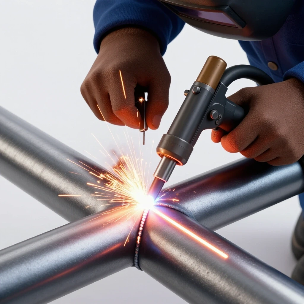 A welder skillfully guiding a welding torch on a cylindrical pipe, sparks flying, showcasing a polished weld bead.