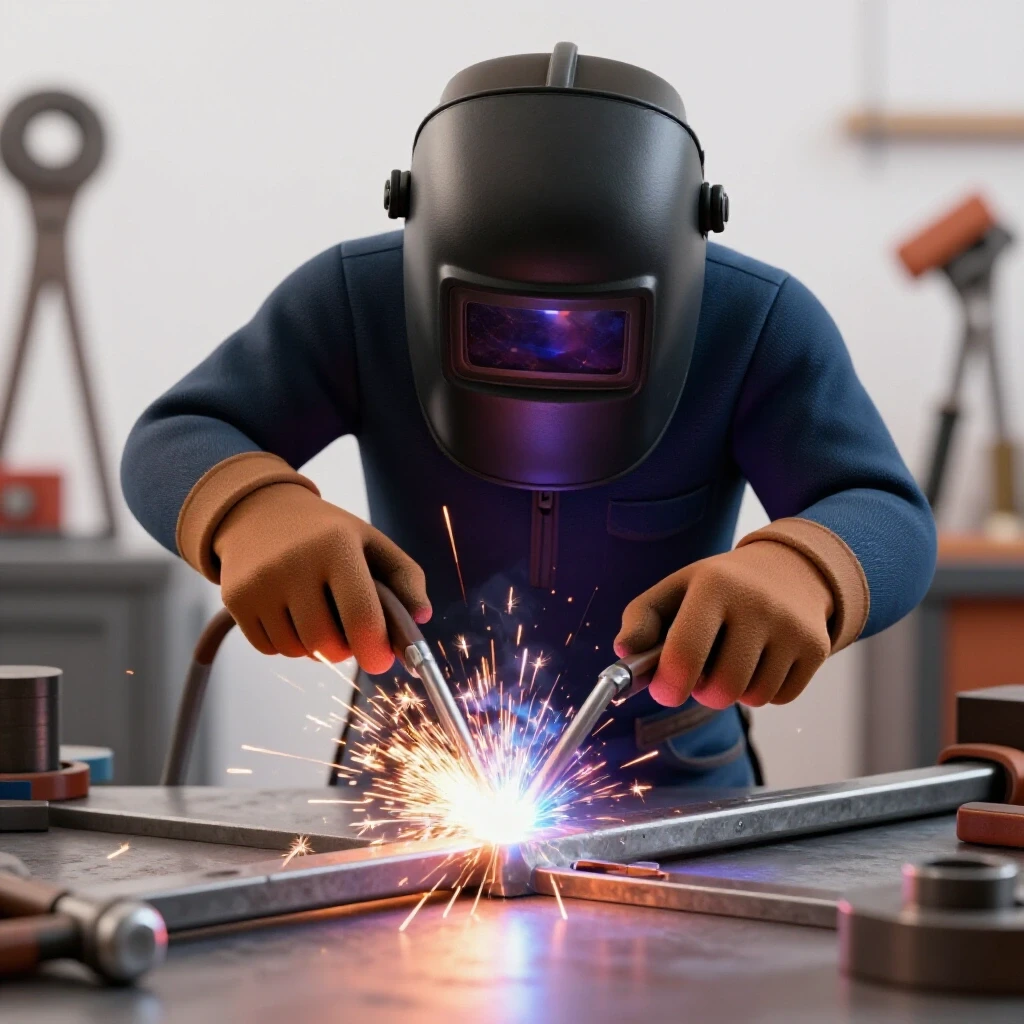 Close-up of skilled welder's hands performing a root pass on a thick bevel joint, with sparks flying against a backdrop of metalworking tools.