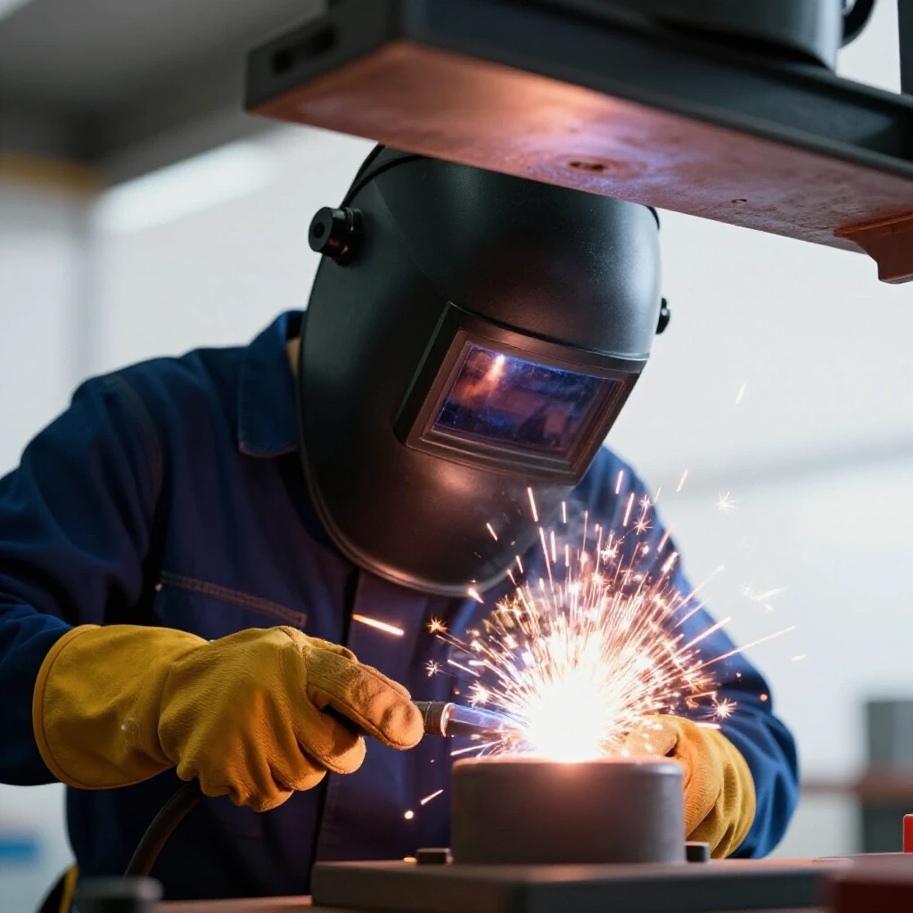 Close-up image of a welder in protective gear under an overhead weld, with sparks flying in a bright workshop setting.