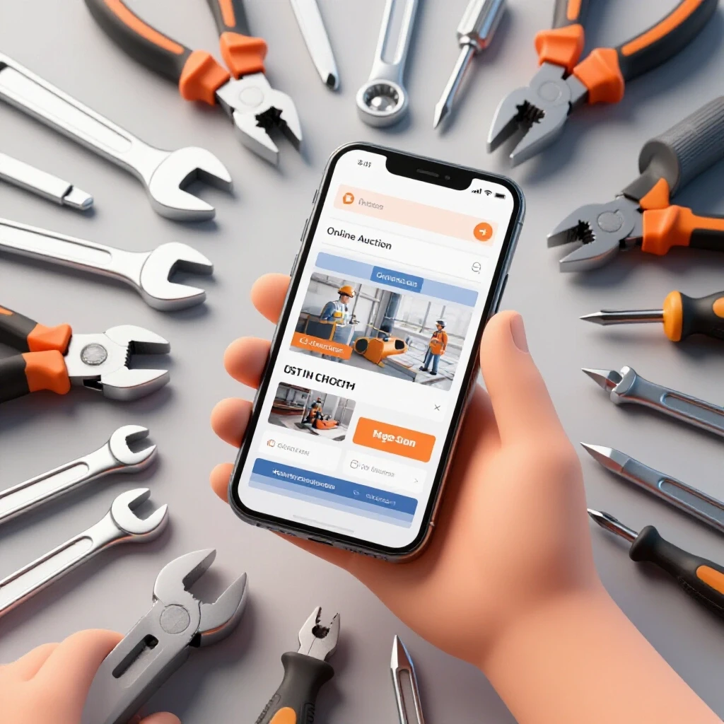 A hand holding a smartphone with an online auction site, surrounded by shiny tools in a bright setting.