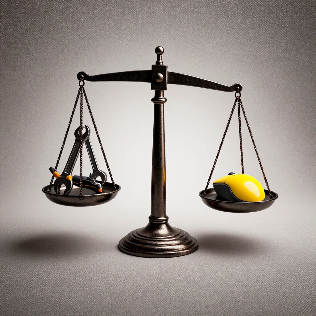 A balanced scale featuring heavy metalworking tools and a computer mouse, representing the choice of safety and convenience in online tool purchases.