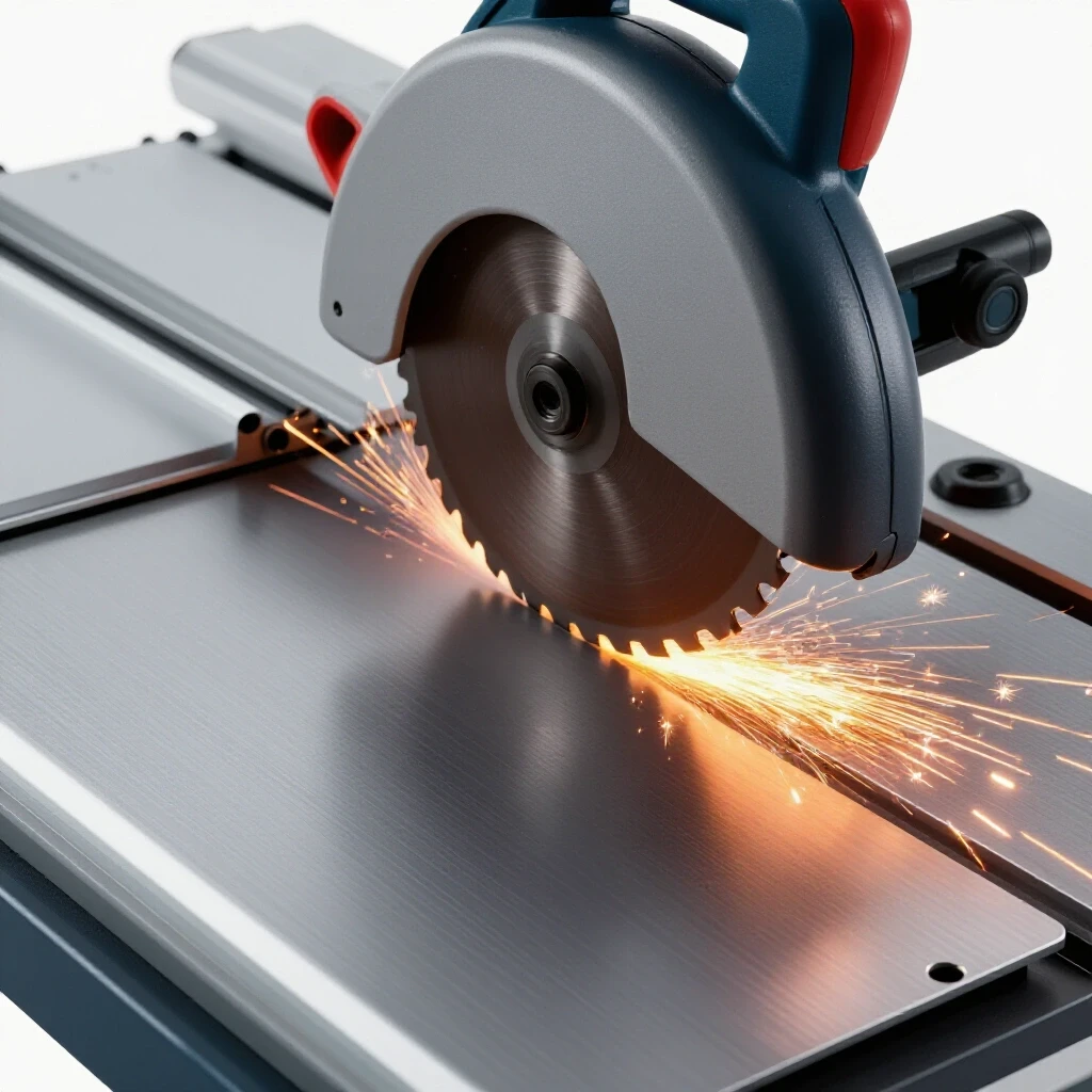 Close-up of a table saw blade cutting through soft metal, sparks flying, highlighting safety in a bright workshop setting.