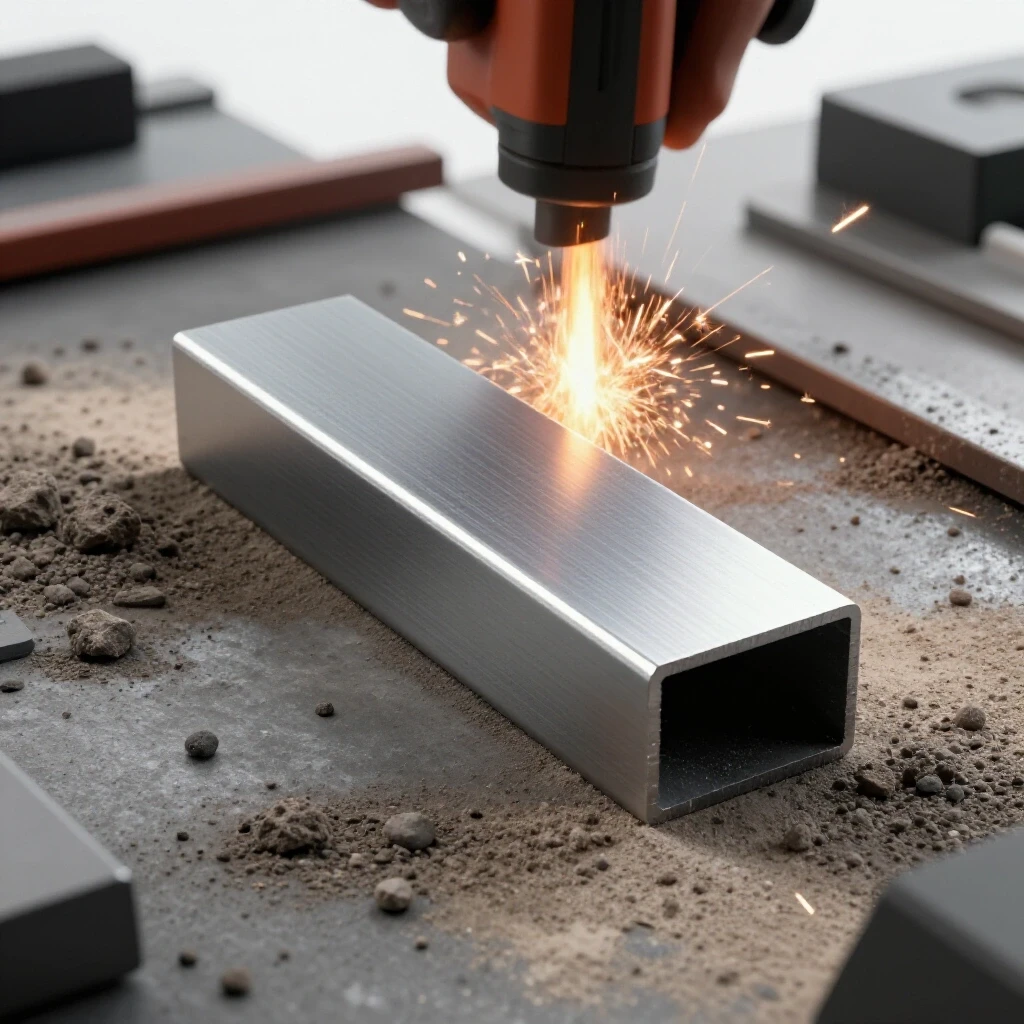 A shiny, freshly cut steel piece beside an active, dusty chop saw with flying sparks, illustrating metalworking action.