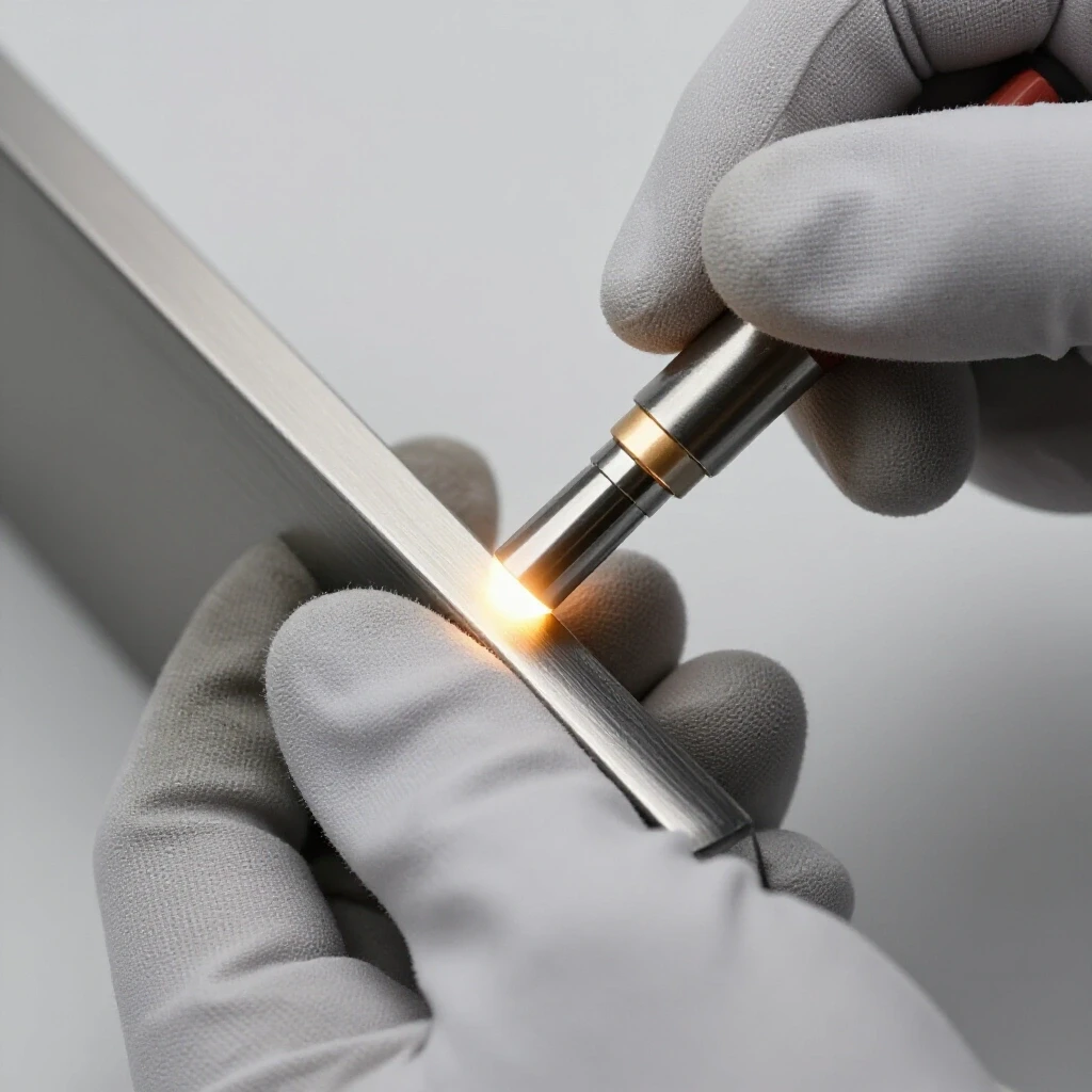 A gloved hand deburring a sharp metal edge with a glowing tool, emphasizing safety and precision.