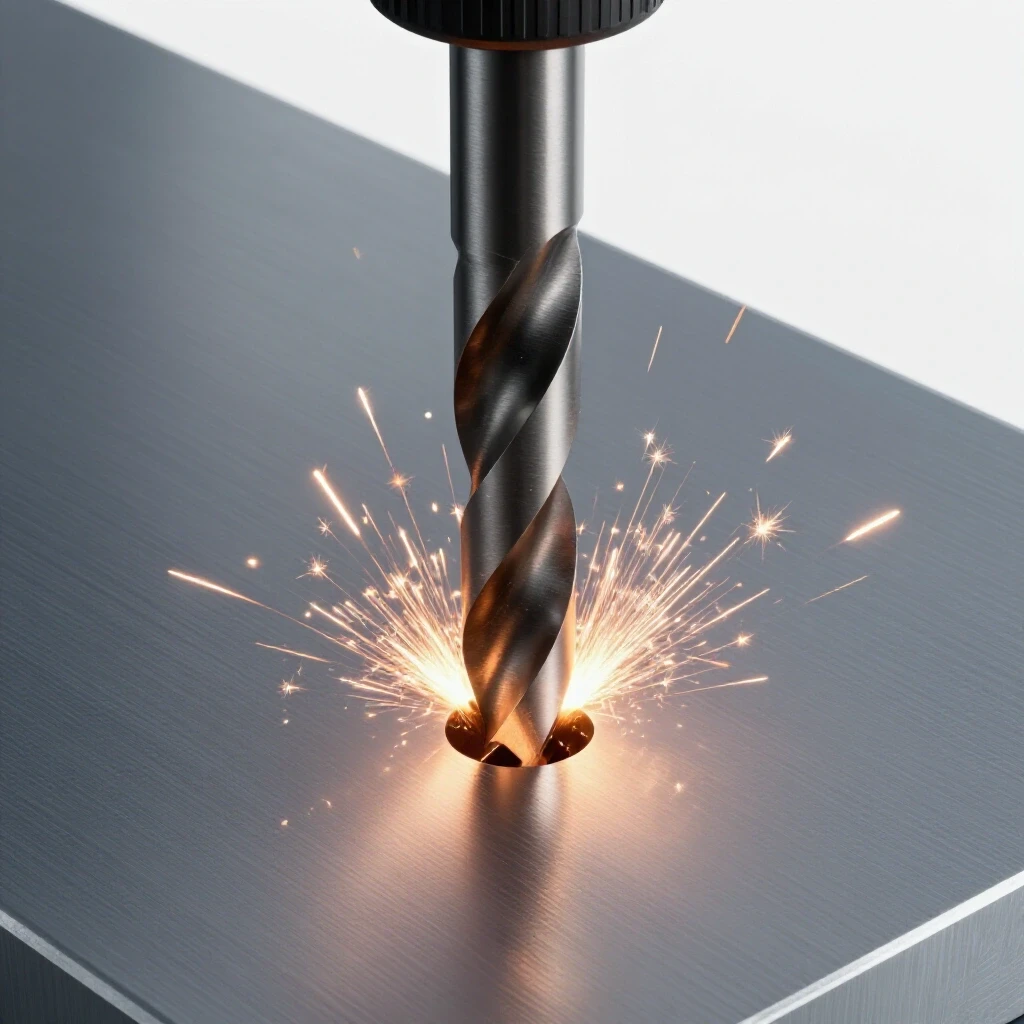 Close-up of a drill bit penetrating hardened metal with sparks flying, illustrating safe drilling techniques.