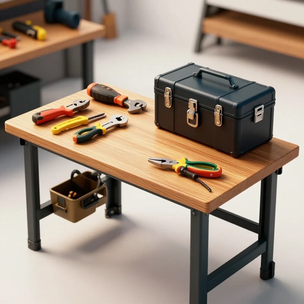 3D-rendered image of a workbench with toolkit and locked box, illustrating safety and preparation in a workshop.