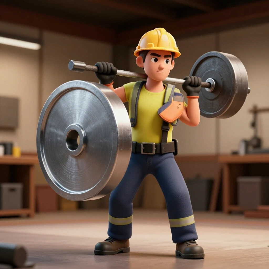 A confident individual maneuvering a heavy steel plate in a bright workshop, emphasizing safety gear and lifting techniques.