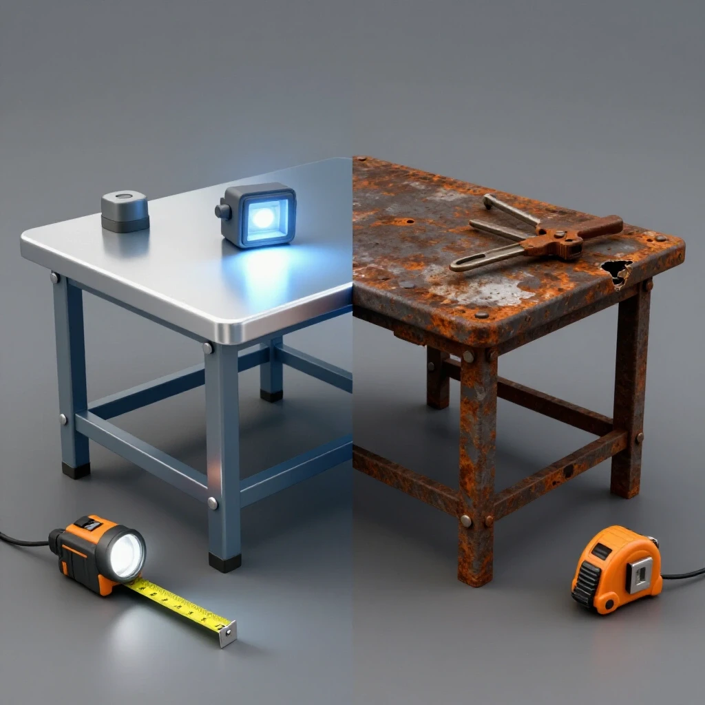 A split-screen image showing a shiny welding table on one side and a rusty table on the other, with inspection tools in the foreground.