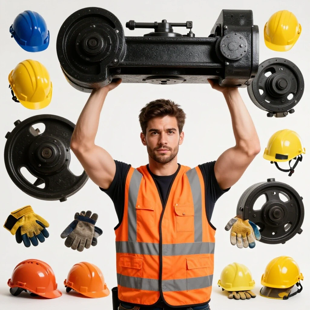 A powerful arm lifting heavy machinery with safety gear in a bright workshop setting.